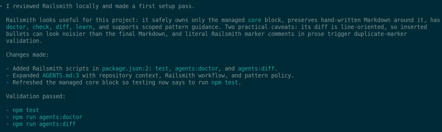 Railsmith guidance viewed through a Codex coding agent workflow
