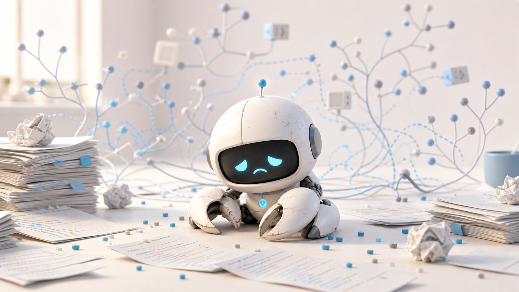 A sad robotic claw assistant surrounded by scattered code papers and tangled network lines