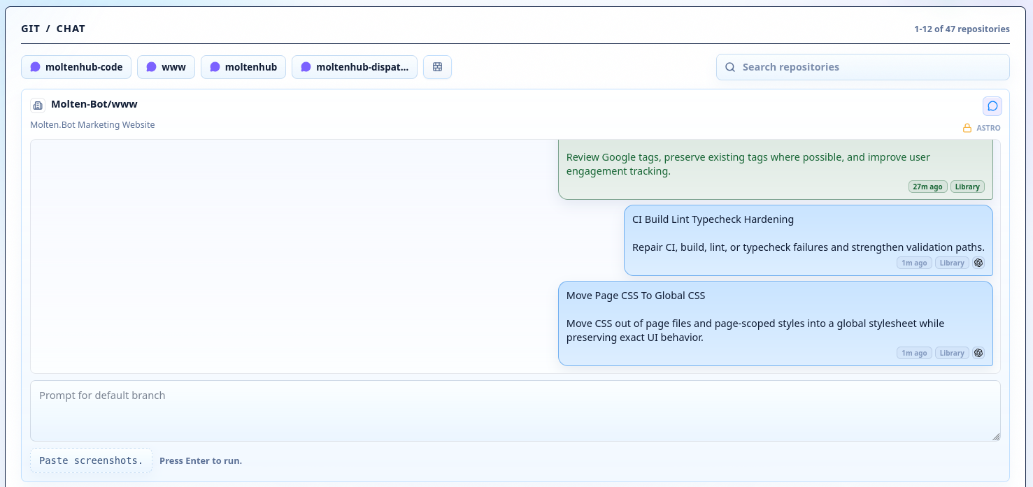 Git chat view showing repository prompts and reusable library tasks