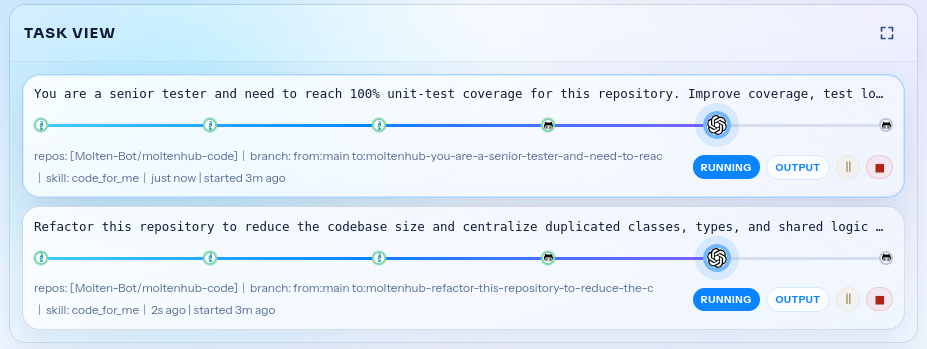 Tasks view showing active agent execution activity