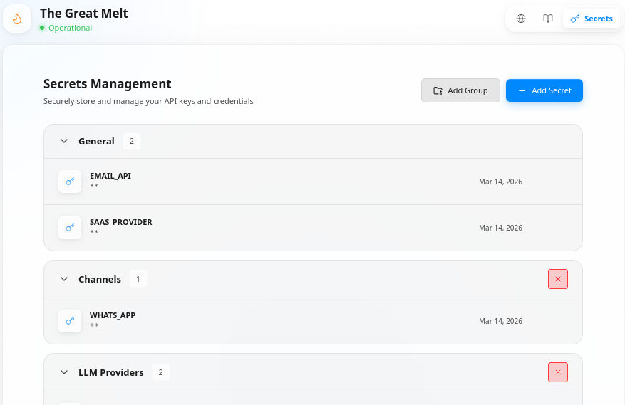 Secrets Management page showing grouped secret names with values masked.