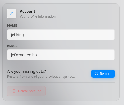 Account settings panel showing the Restore button.