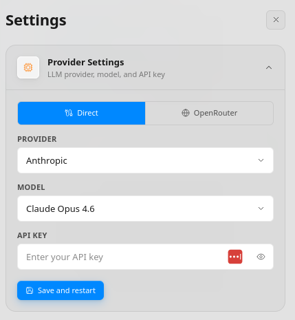 Provider Settings configured in Direct mode with Anthropic selected.