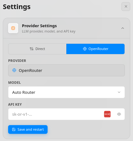 Provider Settings configured with OpenRouter and Auto Router model.