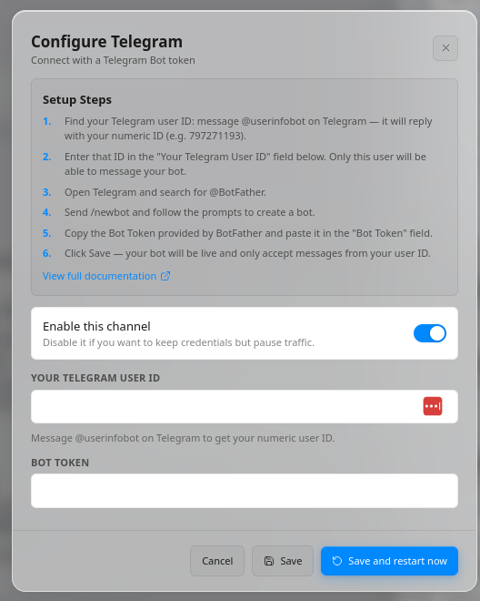 Configure Telegram dialog in Molten.Bot with setup steps, user ID field, bot token field, and Save and restart now button.