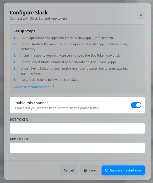 Configure Slack dialog in Molten.Bot with setup steps, Bot Token field, App Token field, and Save and restart now button.