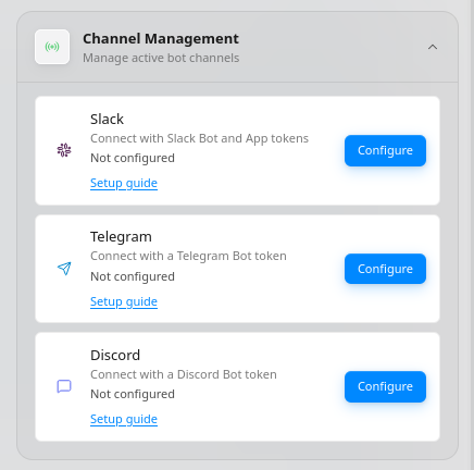 Channel Management panel in Molten.Bot showing Discord with a Configure button.