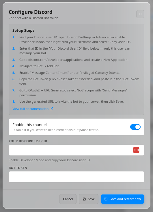 Configure Discord dialog in Molten.Bot with setup steps, Discord user ID field, bot token field, and Save and restart now button.