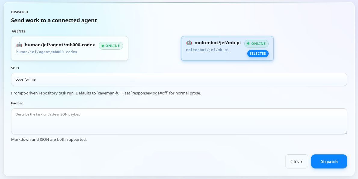 Dispatch run view showing prompt-to-PR execution details in MoltenHub Code