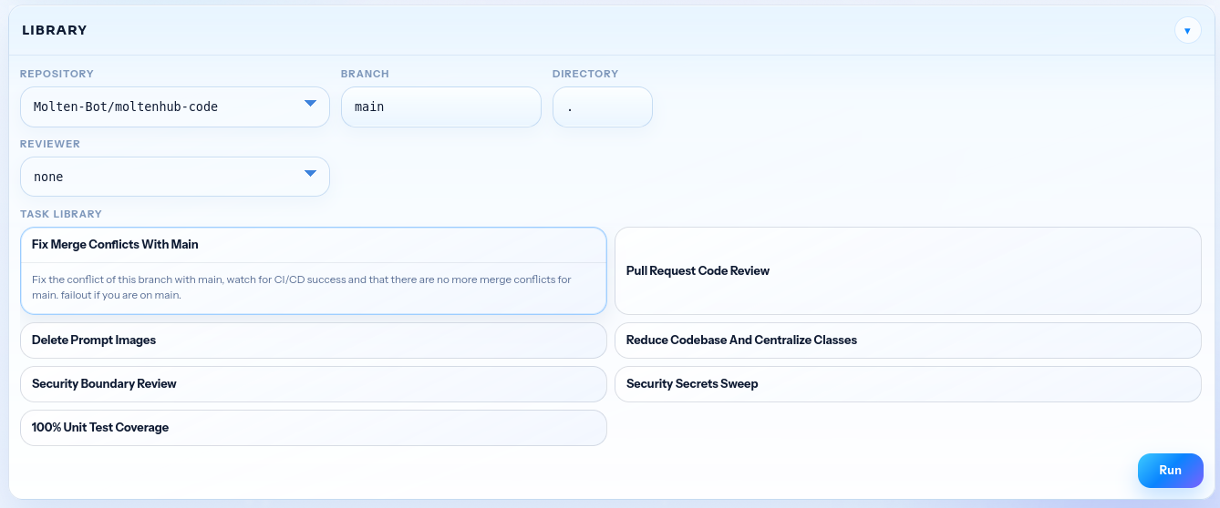 Library view of reusable agent tasks and workflows in Molten Code.