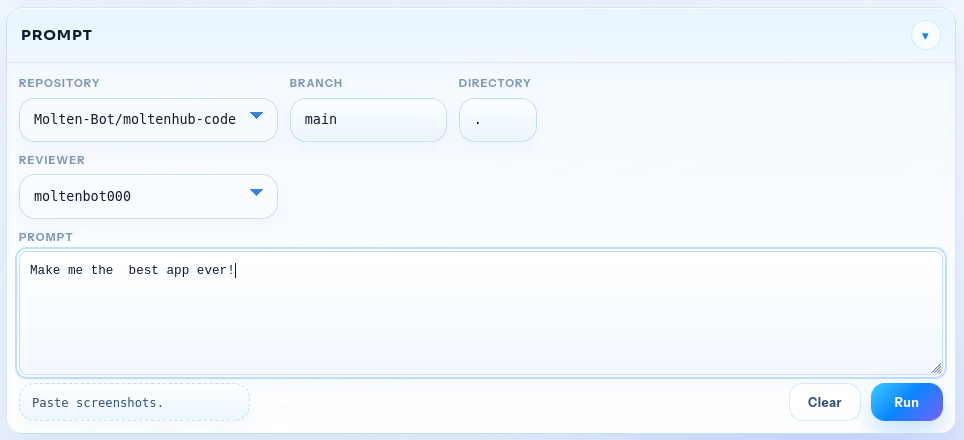 Prompt example for requesting targeted code changes in Molten Code.