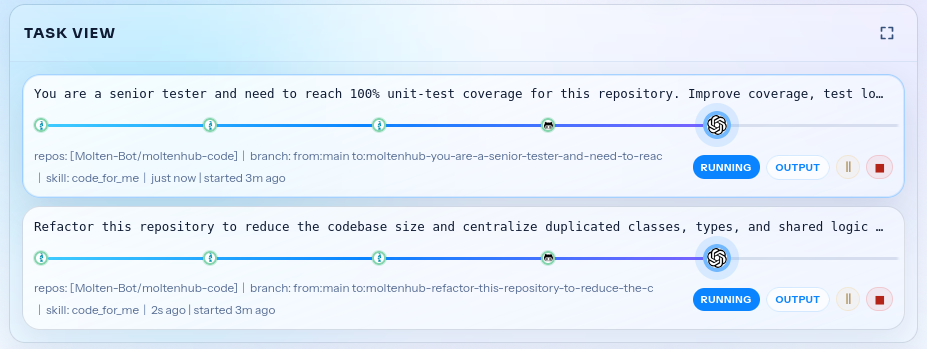 Tasks view showing active agent execution activity in Molten Code.
