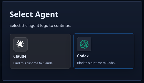 Molten Hub Code harness selection screen showing supported agent runtime options.